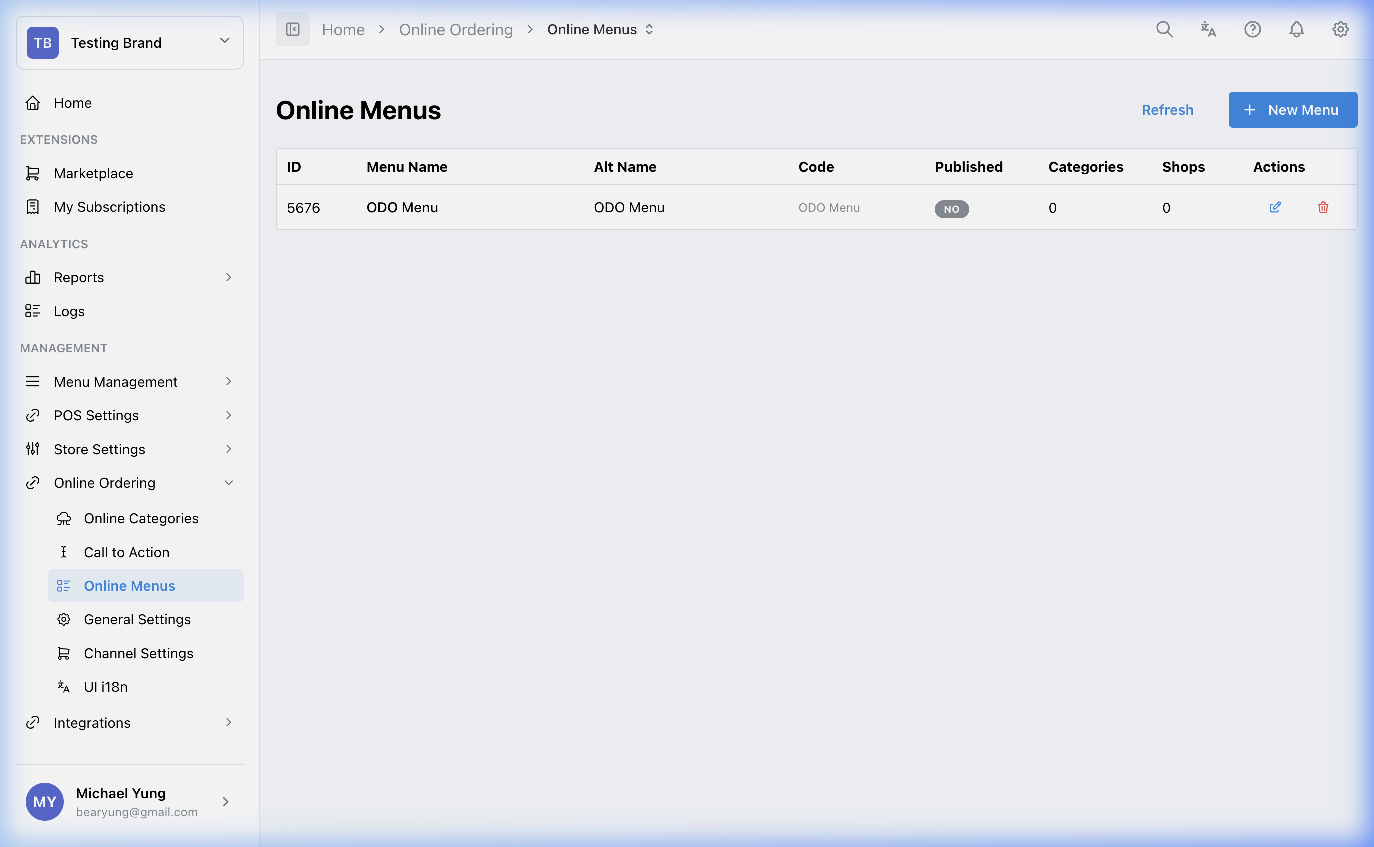 Online Menus Configuration