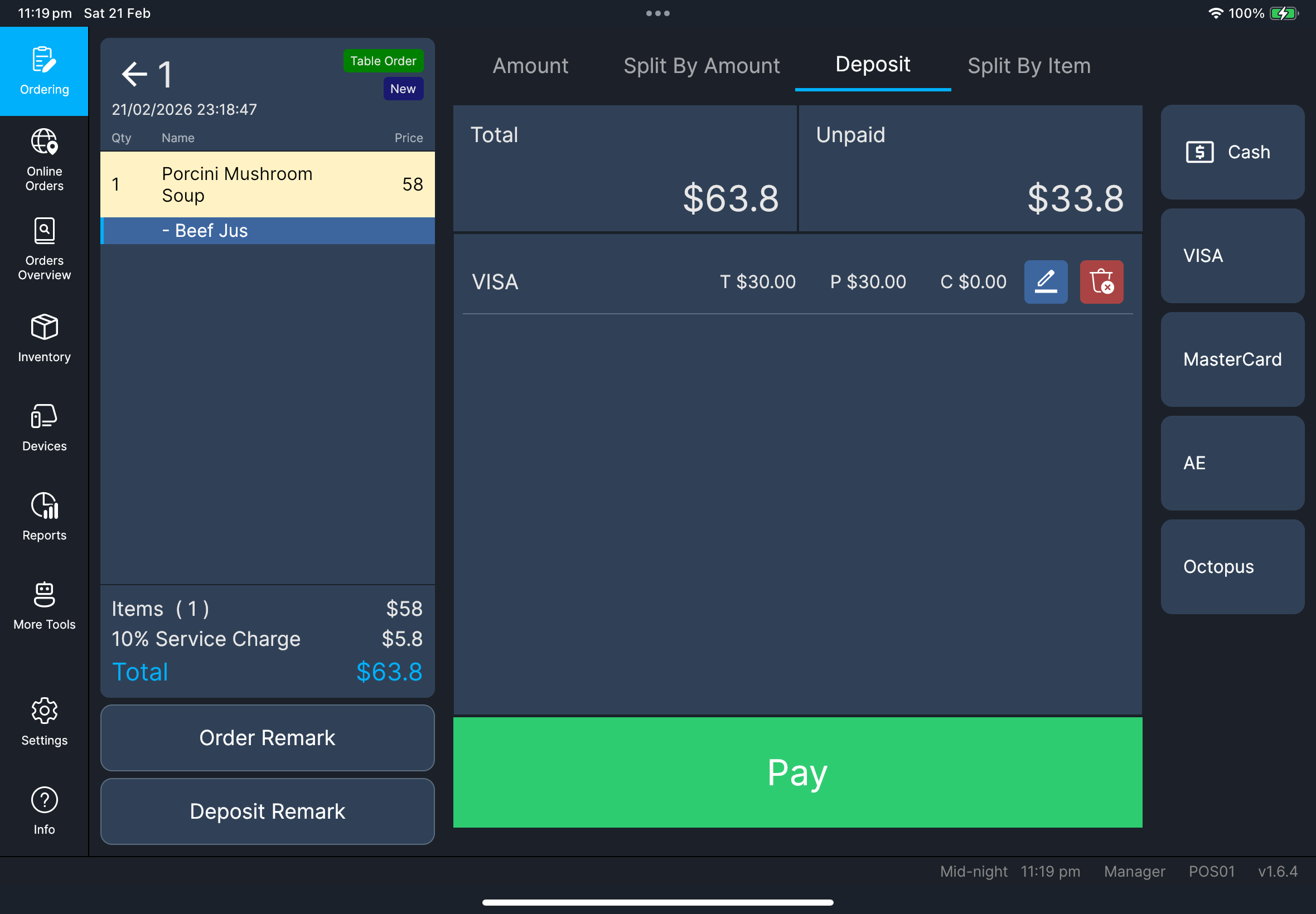 Checkout Deposit tab