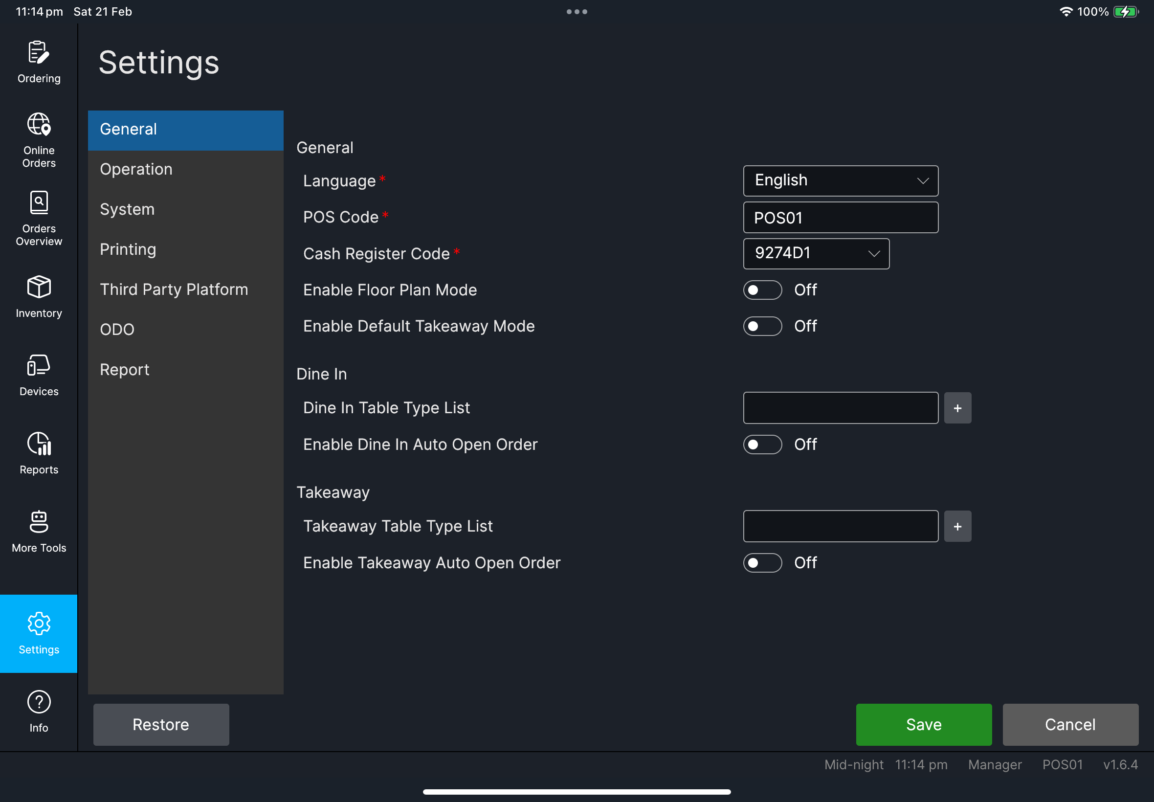 Settings General with Language and POS Code